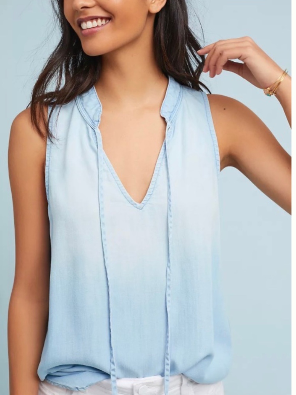 Anthropologie Cloth & Stone Blue Chambray Tie Neck Tencel Tank Blouse NWT SZ S